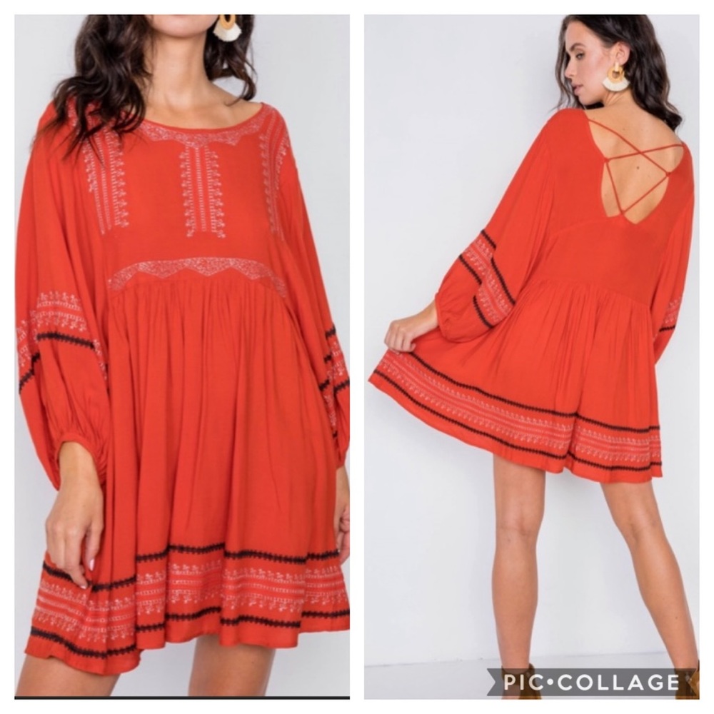 Smalls left! Red embroidery long sleeve boho dress